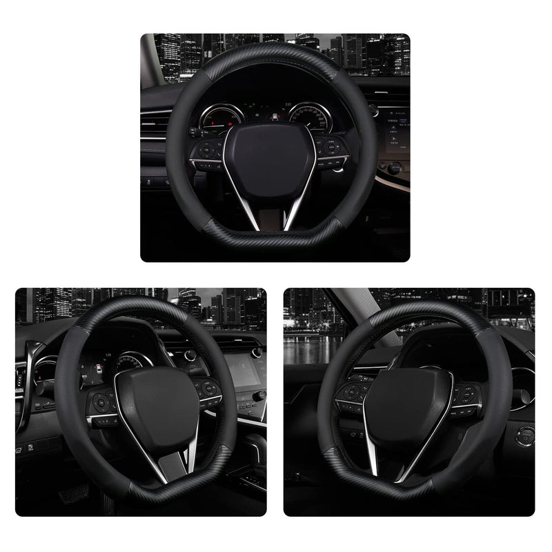 d Shape Steering Wheel Cover,Premium Leather Car Steering Wheel Protector Sport Carbon Fiber Design,Non-Slip & Breathable,Universal Fit 15 Inch Car/Auto/SUV Flat Bottom Steering Wheels (Matt Black) Matt Black
