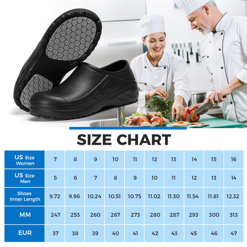 Chef Shoes Men Women Non Slip Work Shoes Water Proof Closed Toe Clogs for Nurse Kitchen Restaurant Food Service 7 Women/5 Men Black