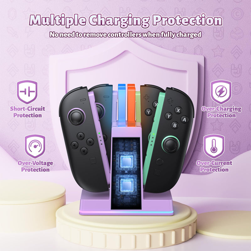 FASTSNAIL Switch 2 Controller Charger Dock for Nintendo Switch 2 for JoyCon | 4-in-1 Fast Switch 2 Joypad Charging Dock Station, 9 RGB Light, Dual-Direction Magnetic Stand for Joycon 2 Accessorie, Purple 7.9 inch Light Purple