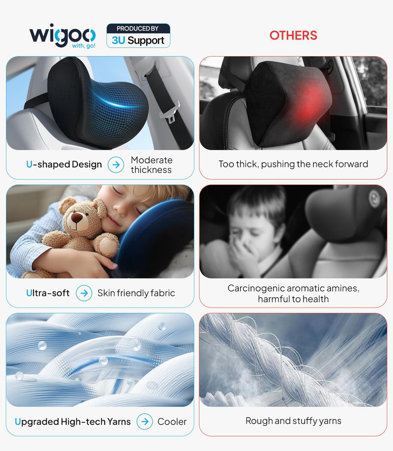 Wigoo 2026 Upgrade Car Neck Pillow [No More Pressure, Odorless] Soft Car Headrest Pillow with Adjustable Strap Removable Cover 100% Memory Foam, Fits All Vehicles (Black 2-Pack) Black