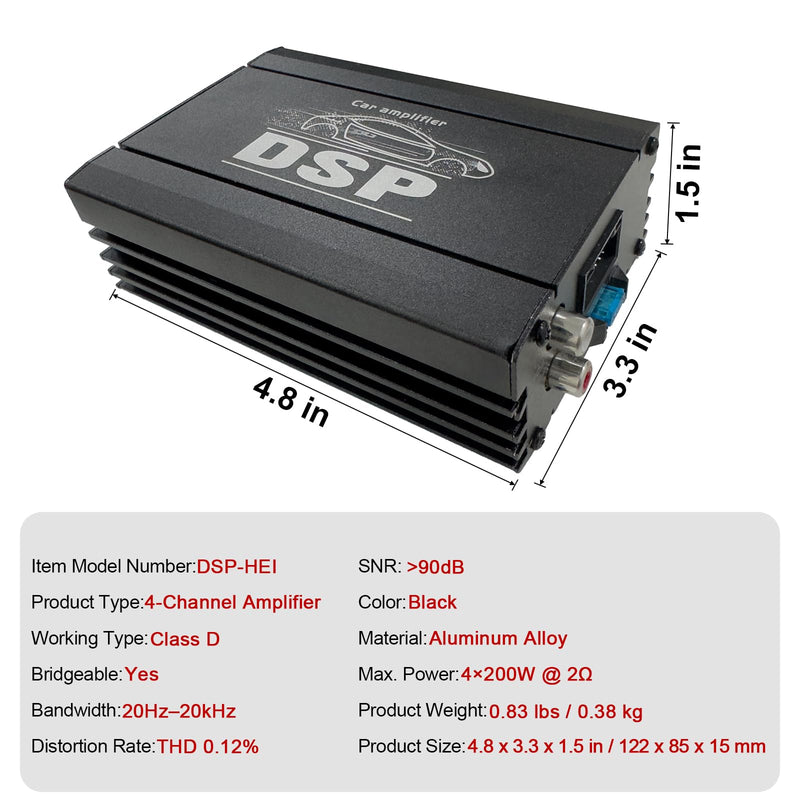 KG AMEMONDORA 12V 4-Channel Class-D Car Audio Compact Amplifier with DSP, High-Performance Universal Fit Audio System, 200W Hardwired Room Electrical Operation, 36V Max Operating Voltage 800W 4-Channel
