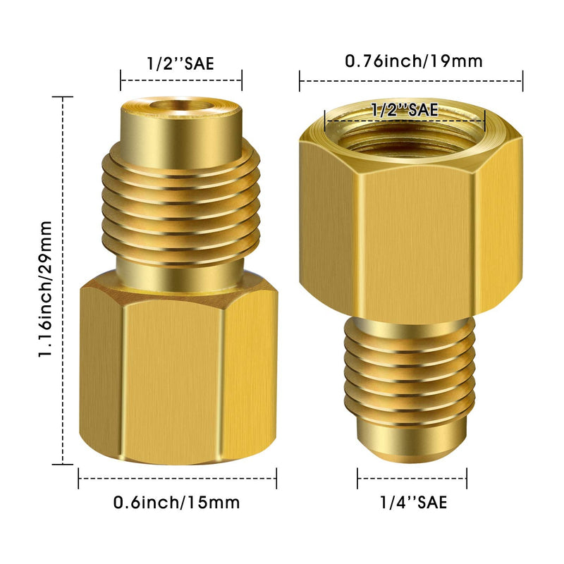 6 Pieces 6015 R134A Brass Refrigerant Tank Adapter to R12 Fitting Adapter 1/2 Female to 1/4 Male Flare Adaptor Valve Core and 6014 Vacuum Pump 1/4 Inch Flare Female to 1/2 Inch Male