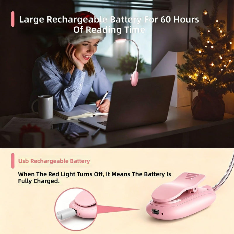 Book Light, Rechargeable Reading Light 7 LED Easy Clip on Reading Lamp, 3 Color Temperature, Clip on Reading Lights for Books in Bed，Portable Task Lamp (Pink) Pink