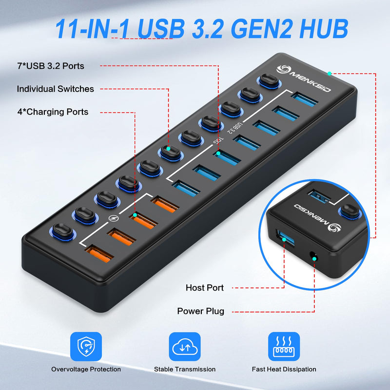 Powered USB Hub, MENKSID 11-Port USB Hub, 7 USB 3.2 Data Transfer Ports + 4 Smart Charging Ports, Independent Switch (with LED Power Indicator), USB 3.2 Hub Powered with Power Adapter for Mac, PC USB3.2-P7+4