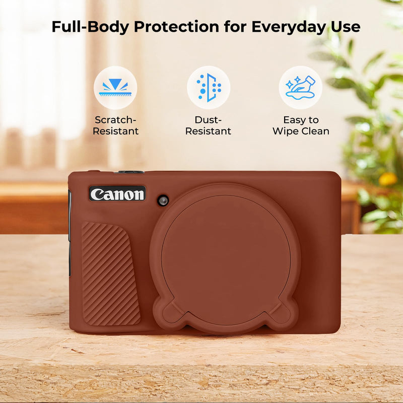 Silicone Camera Case for Canon PowerShot SX740 / SX730 HS Digital Camera, Soft Silicone Protective Case, Removable Lens Cover with 2 x Tempered Glass Protectors & 1 x Wrist Strap – Brown