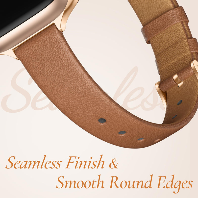 Vegan Leather Band for Apple Watch Bands for Women 40mm 41mm 42mm 38mm | Soft Slim Seamless Faux Leather Wristband, Fits iWatch Bands SE3-1 Series 11 10 9 8 7 6 5 4 3 2 1, Dressy & Fancy Brown with Rose Gold Buckle 38mm/40mm/41mm/42mm(Series 11 10)