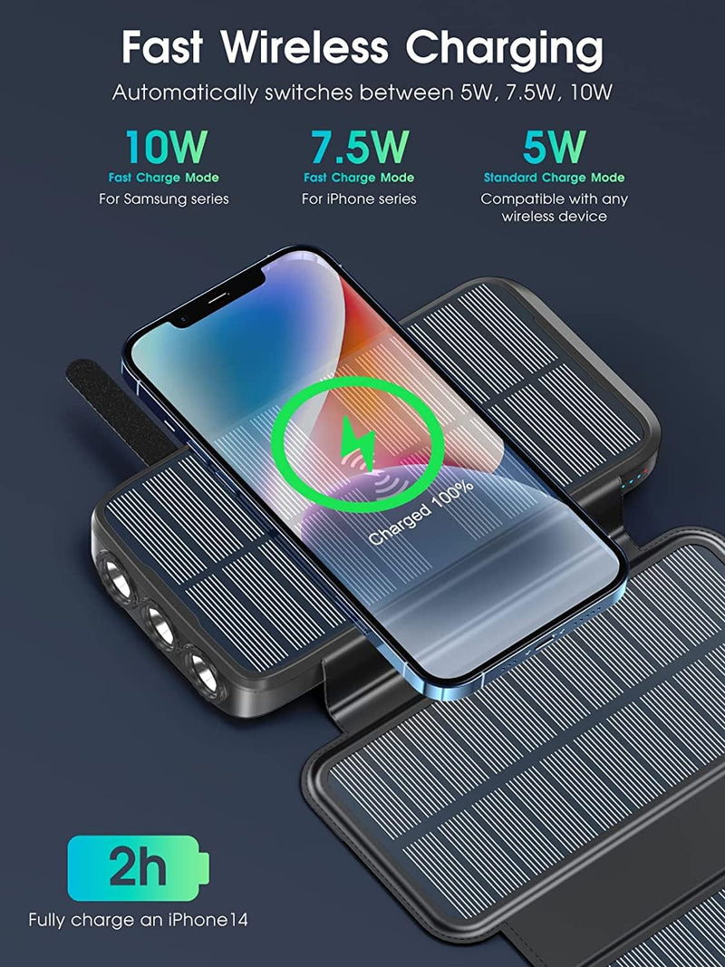superallure Solar Charger, Power Bank, Portable Charger,43800mAh QC3.0 Fast Charger Qi 10W Wireless Charger 4 Solar Panel Built-in 2 Kinds Output Cable and 680Lumen flashlights Black