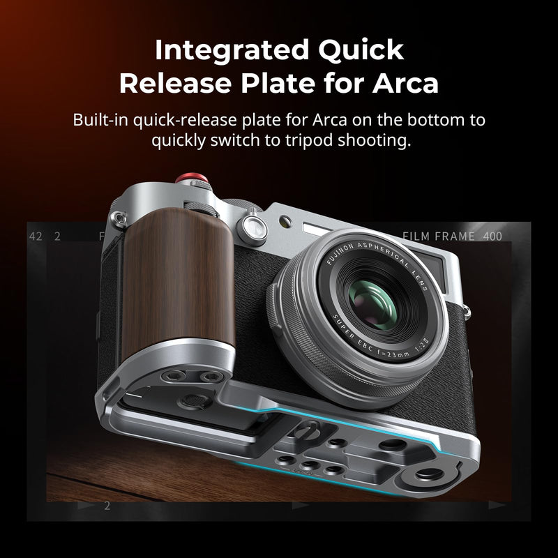 SmallRig X100VI / X100V Handgrip, Wooden L-Shape Grip for FUJIFILM X100VI / X100V Camera, Built-in Quick Release Plate for Arca, with Shutter Button and Hot Shoe Cover, Silver - 4804 Siliver