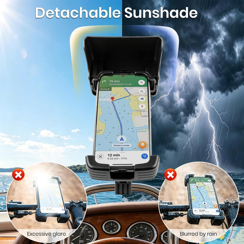 Boat Phone Holder Marine with Mount Sunshade for Bike ,Kayak,Motorcycle | 360° Rotatable Crab Clamp Cell Phone Mount, Universal Smartphone Accessory