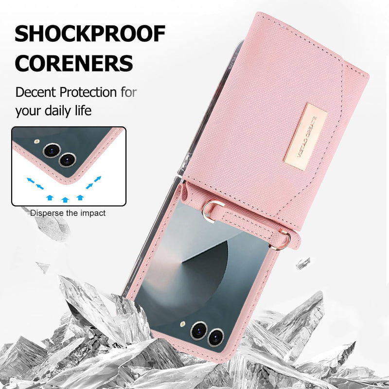 for Samsung Galaxy Z Flip 8 Wallet Case with Built-in Leather Cash Slot and Credit Card Holder. Wristlet Strap and Hinge Protection, Carrying Handbag Phone Case for Women Ladies.(Pink) Pink