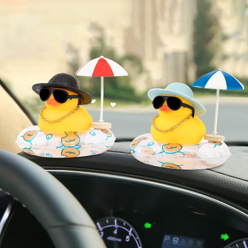 Wonuu Rubber Duck Car Ornaments Duck Car Dashboard Decorations with Straw Hat, Sun Umbrella, Sunglasses, Blue