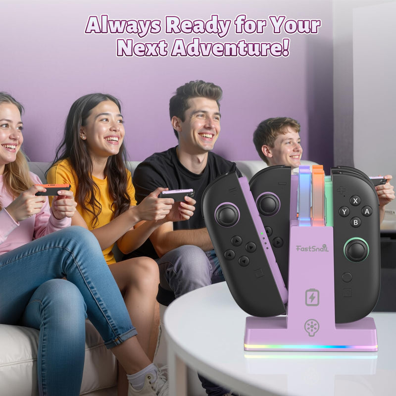 FASTSNAIL Switch 2 Controller Charger Dock for Nintendo Switch 2 for JoyCon | 4-in-1 Fast Switch 2 Joypad Charging Dock Station, 9 RGB Light, Dual-Direction Magnetic Stand for Joycon 2 Accessorie, Purple 7.9 inch Light Purple