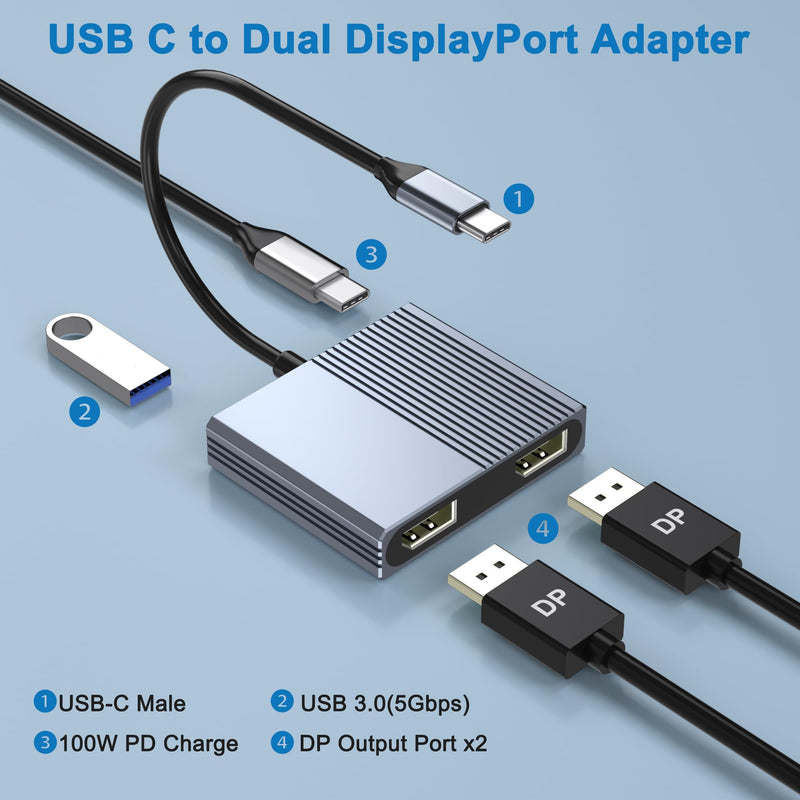 USB C to Dual DisplayPort Adapter with USB3.0/PD, 4K@60Hz Supports SST/MST | DisplayPort Splitter for Dual Monitors Extended Display, USB C to Display Port Adapter, Displayport MST Hub for Dell/HP/Mac