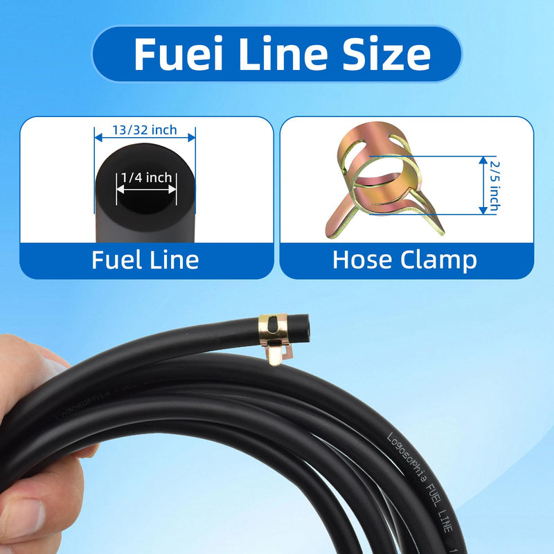10ft 1/4" ID Fuel Line Hose with 20pcs 2/5" Clamps - Fits Kawasaki, Kohler, Briggs & Stratton Small Gas/Diesel Engines, Generators, Powersports - Durable Flexible Rubber Hose Kit 1/4-inch ID