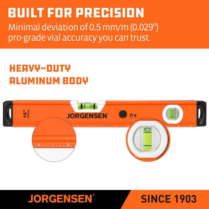JORGENSEN 16 in. Magnetic LED Lighted Box Level with 90°/180° Bubble Vials, Illuminated leveler tool, Shockproof Rubber End Caps, Metric & Imperial Scale, Aluminum Frame, for Home Installations & DIY 16 inch
