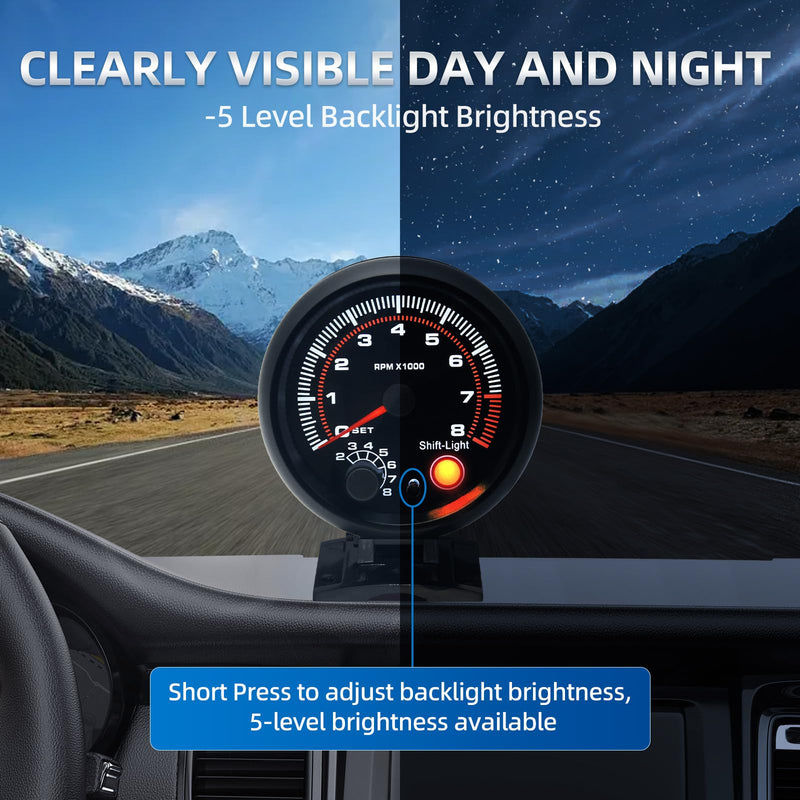 3.75 inch (95mm) Tachometer with Shift Light, 8000 RPM Gauge, 5-Level Adjustable Brightness Backlight Tach for 12V AUTO