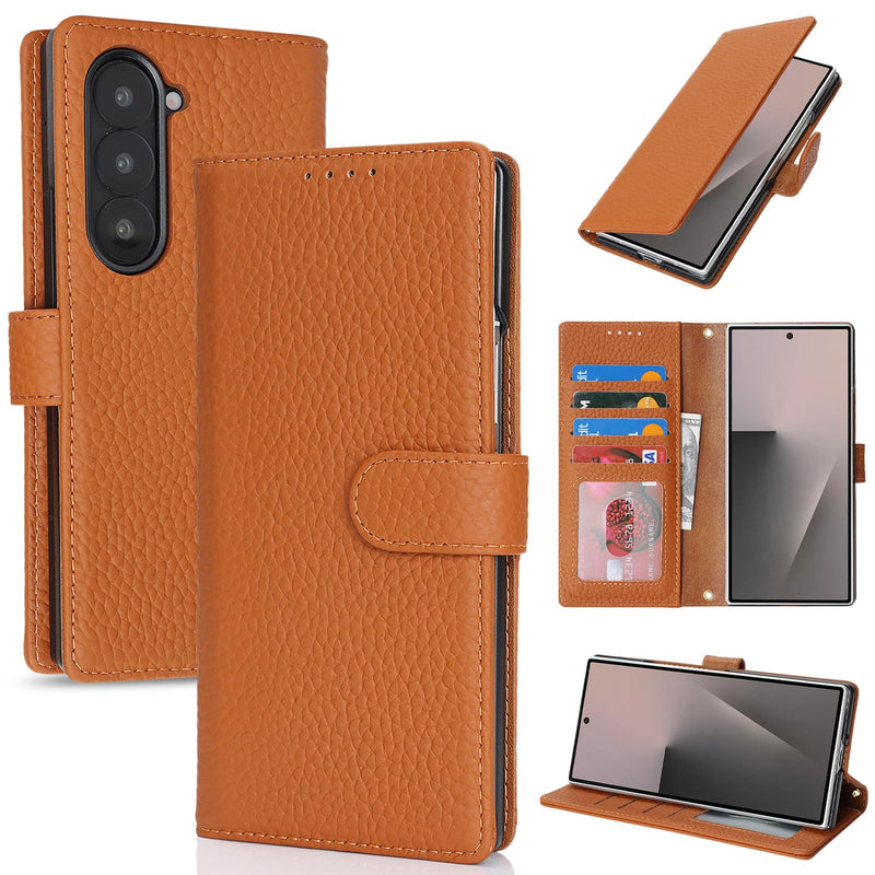 Genuine Leather Case for Galaxy Z Fold6 Wallet Case for Samsung Galaxy Z Fold 6 5G Magnetic Flip Cover Book Purse Card Holder Kickstand Shockproof Phone Cover-Brown Brown