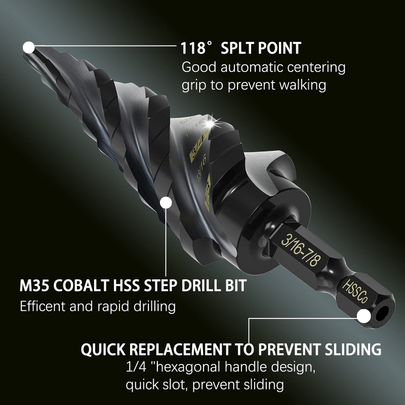M35 Cobalt Step Drill Bit Four Spiral Flute, 3/16"-7/8" (12 Step Sizes) - Ideal for Metal, Stainless Steel, Wood, Plastic - 1/4" Hex Shank 3/16" - 7/8"