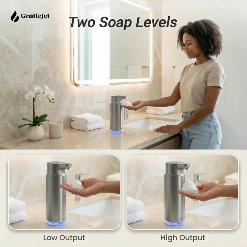 CrystalJet Automatic Foam Soap Dispenser – Stainless Steel, Touchless Sensor, USB-C Rechargeable, Waterproof, Modern Bathroom & Kitchen Sink, 300 ml Silver