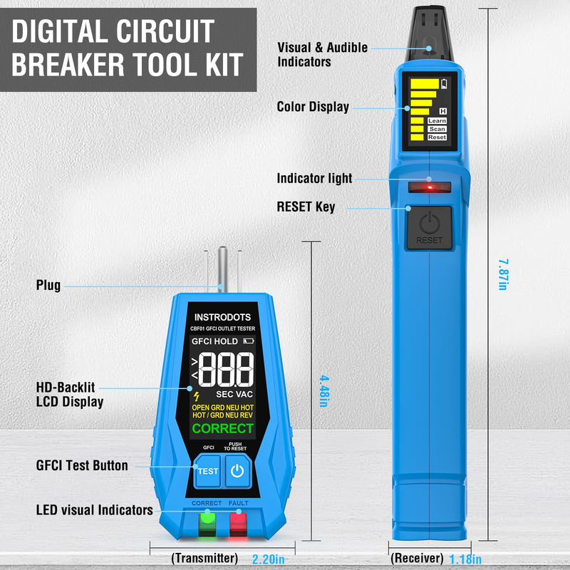 Circuit Breaker Finder Tool with Accessories, 90-135V AC Digital Breaker Finder with Integrated GFCI Outlet Tester, Circuit Tracer with Buzzer Alarm & Color Display, Includes Carrying Case Circuit Breaker Finder with 3 Accessories