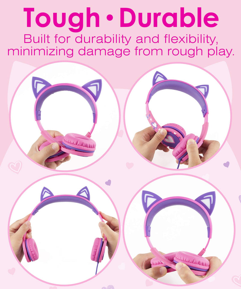 FosPower Kids Headphones with LED Cat Ears (Safe Volume Limit 85 dB), 3.5mm On-Ear Wired Headphones with Laced Tangle-Free Cables for Boys/Girls/School/Travel - Hot Pink/Purple Hot Pink / Purple