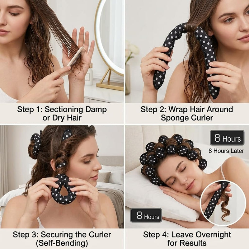 12 Pcs No Heat Hair Curlers, Heatless Curlers Lon Short Hair, Soft Sponge Rollers, Wave Hair Curlers Rollers, Sleep in Curlers with Retro Polka Dots, DIY Hair for Natural-Looking Pillow Soft Curls