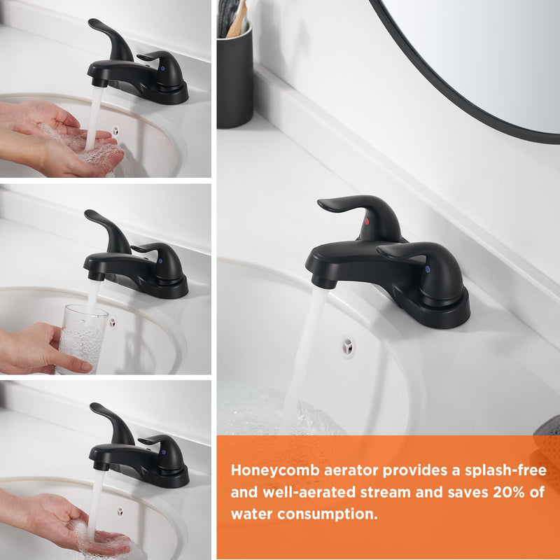 Bathroom Sink Faucets 2/3 Hole,Matte Black Dual Handles 4 inch Plastic Plating Over Bathroom Faucet with Pop-up Drain and 2 Supply Hoses for Apartment Rvs Sink Vanity Matte Black