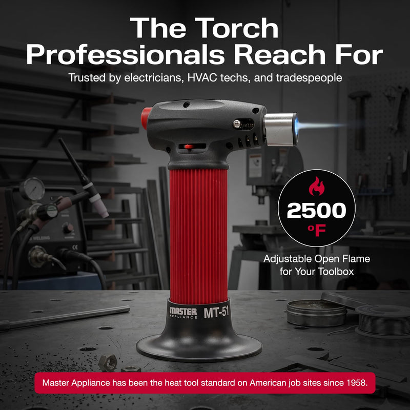 Master Appliance MT-51 Professional Butane Torch Lighter, Hand Held Torch Lighter, Adjustable Flame Mini Blow Torch, Refillable with Butane Fuel for Soldering, Electrical Connectors, Kitchen, Cooking Plastic Tank