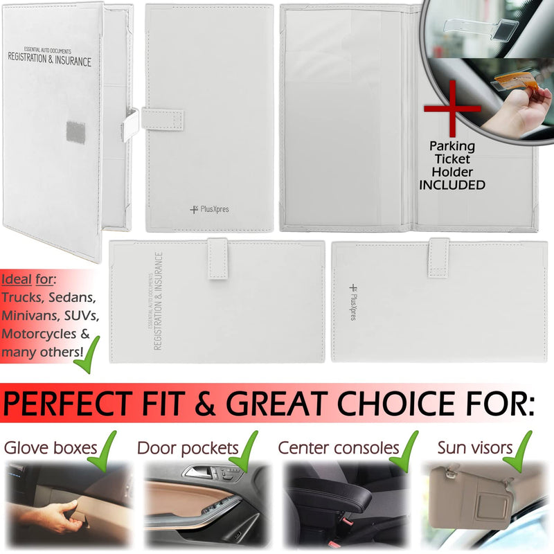 Auto Insurance and Registration Card Holder - Vehicle Glove Box Document Organizer - Car Essential Paperwork Holder for DMV, AAA, Contact Information Cards - Premium PU Leather Wallet Case - White