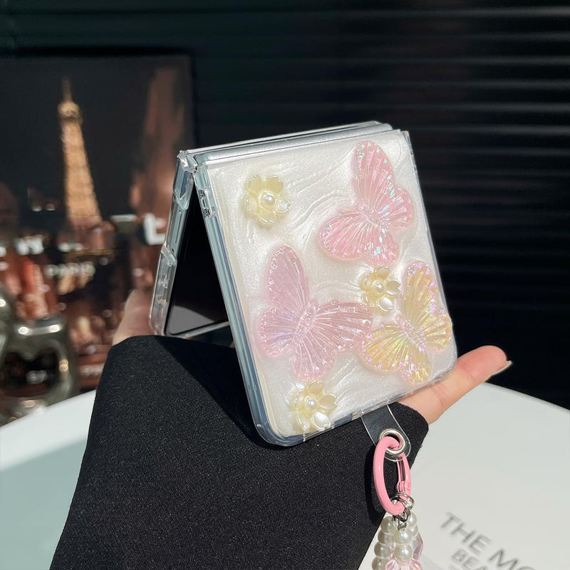 AuroiCYY for Samsung Galaxy Z Flip 8 Case with Chain, Cute 3D Pearl Bling Crystal Clear Sparkle Butterfly Floral Case for Women Girls Shockproof Soft Phone Cover with Wrist Strap for Z Flip8 5G, Pink