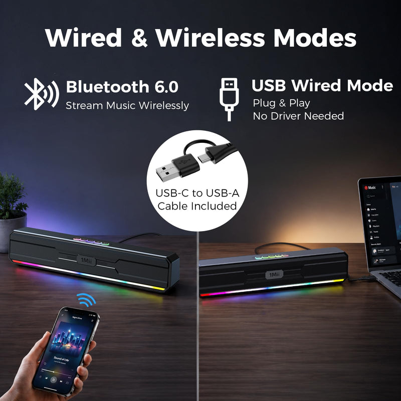 1Mii DeskRoar GT10 Computer Speakers for Desktop PC, Bluetooth 6.0 & USB | Clear Stereo Sound, 7 RGB Modes, Easy Button Controls, USB-C/USB-A for PCs & Laptops, Ideal for Work, Music