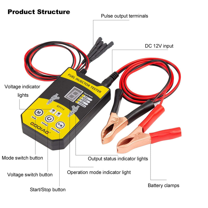 GODIAG Fuel Injector Tester Cleaner Kit, 8 Pulse Modes Injector Tester 6 Size Cleaning Adapters 12V/5V Output Power Drive, 4 Wire Dual Channel DIY Fuel Injector Cleaner Tools