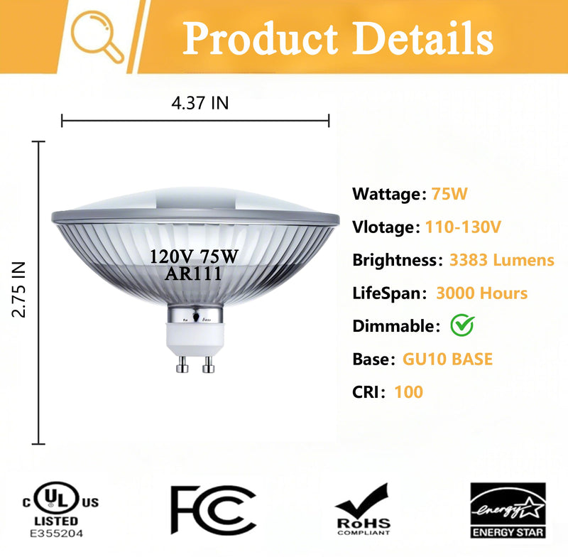 R111/GU10/FL 75W Halogen Flood Light Bulb,R111/GU10/FL Reflector Halogen Bulbs- GU10 Base (Twist & Lock) Glass Cover for Landscape, Downlights, Recessed Lighting