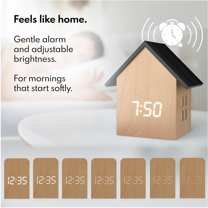 Driini Digital House-Shaped Alarm Clock with Temperature Display (Light Wood) – Modern Aesthetic - Cute Cube Frame and White LED Dimmer - Perfect Small Desk Clock for Bedside Table or Bedroom Mantle Light Wood; Black Roof