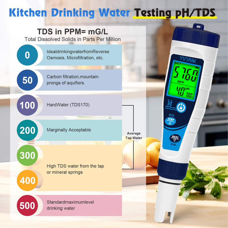 YINMIK Digital Pool Salt Tester & pH Meter, 5 in 1 Salinity Meter for Salt Water Pool, Hot Tub & Aquarium, EC TDS Temperature Tester, Professional High Accuracy