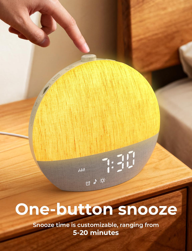 LIORQUE Sunrise Alarm Clock, Digital Alarm Clocks Bedside, Wake up Light with White Noise for Heavy Sleepers, 30 Sleep Sounds, Sleep Timer, Adjustable Volume & Brightness,Screen Free Design, Bluetooth