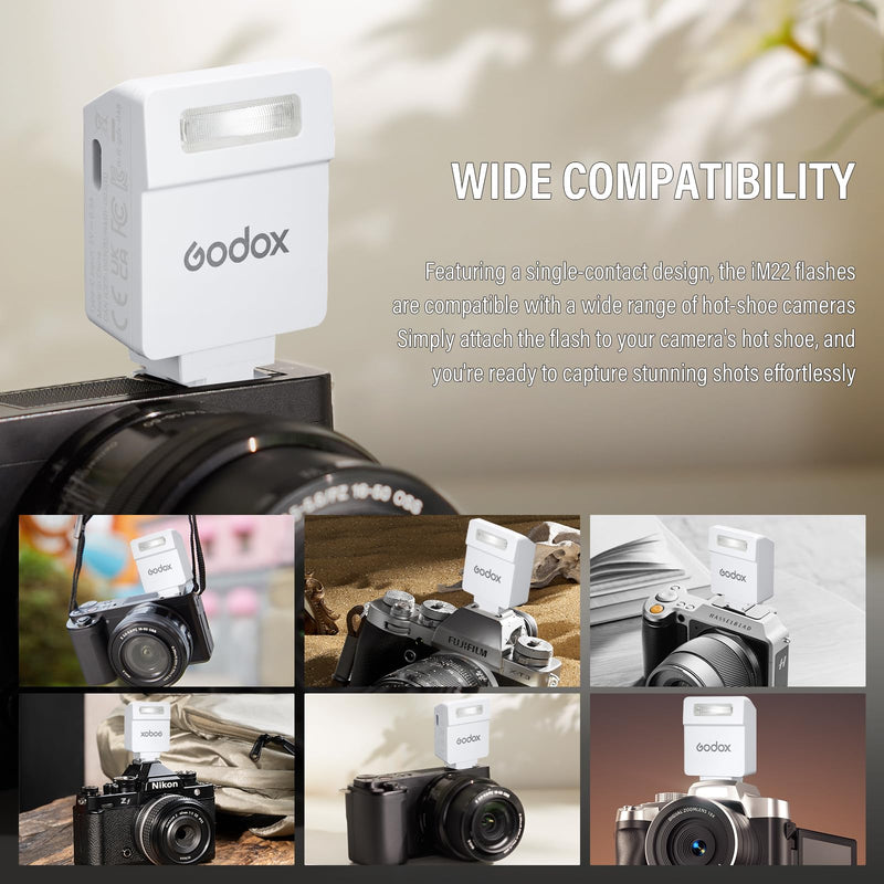 Godox iM22 Mini Flash 5 Power Levels 440 Full-Power IM 22 Small Camera Flashes Speedlite for Canon/Fuji/Sony zve10/Sony zv1/Nikon/Panasonic Olympus Pentax/3S Recycle (Godox iM22 White)