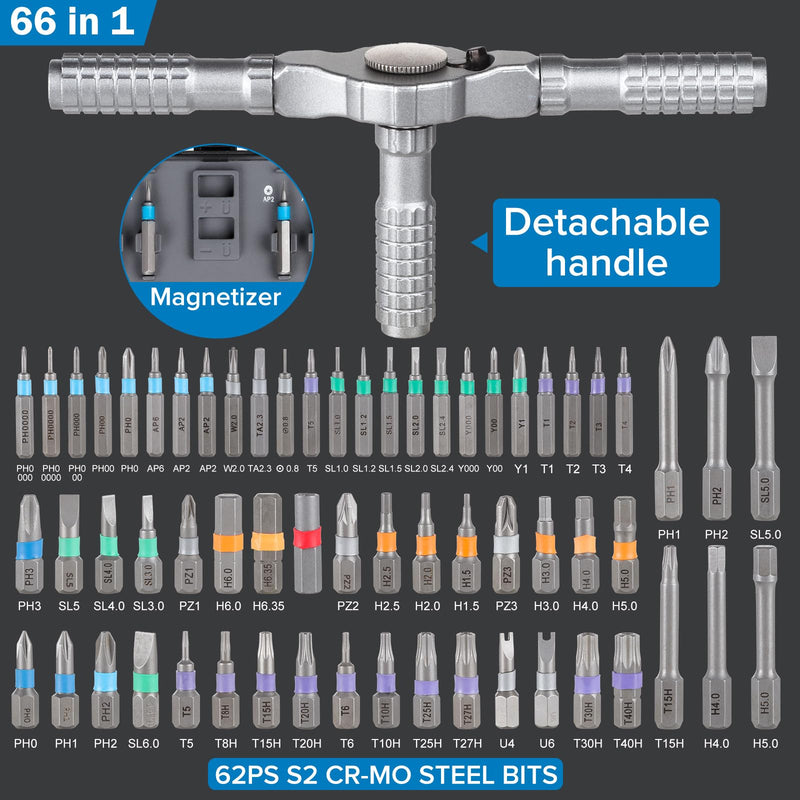 66 in 1 Magnetic Screwdriver, Ratchet Screwdriver Set, S2 Steel Bits with Ratchet T Handle Multi-Bit Tool Set for Furniture Assembly, Appliance Repair 66 in 1