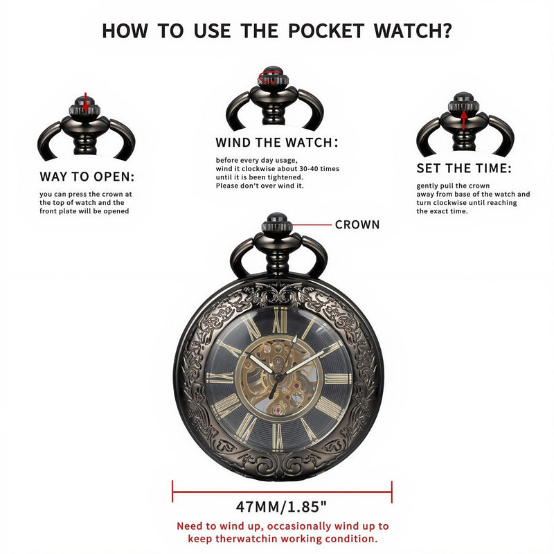 Mechanical Pocket Watch, for Men Women Special Magnifier Half Hunter Engraved Case Roman Numerals with Chain Bronze