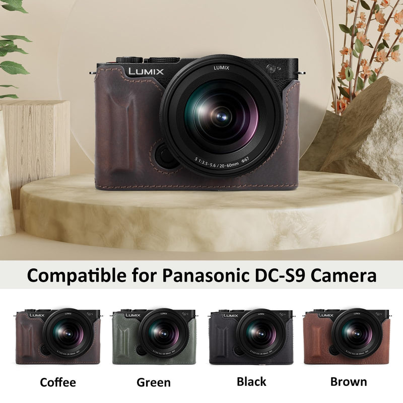 MUZIRI KINOKOO Half Case Compatible for Panasonic Lumix DC-S9 Camera, Genuine Leather Protective Cover for Lumix S9 Mirrorless Camera - with Opening Bottom and Hand Grip Design - Coffee