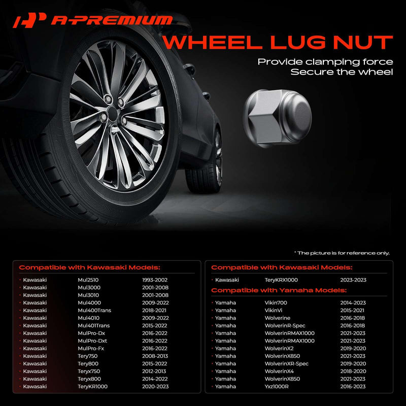 A-Premium 16-PC M12 x 1.25 Wheel Lug Nut w/Socket Key For Arctic Cat Vehicles - Kawasaki Mule Teryx & Yamaha Viking Wolverine Yxz1000R - Front & Rear