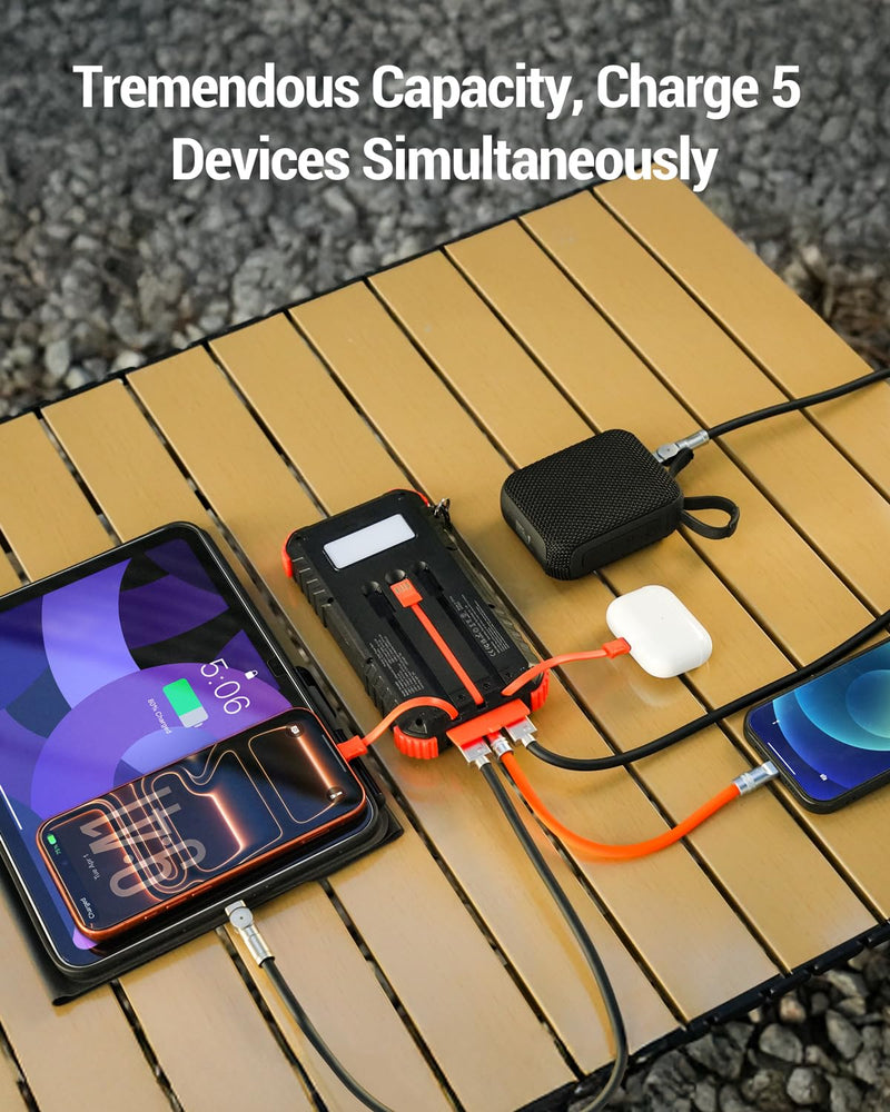 Solar Power Bank Built-in Cables Speed Charging 20000mAh Camping | Portable Charger with Camping Flashlight Outdoor External Battery Pack USB-C in/out for iPhone Samsung Android Deep Orange