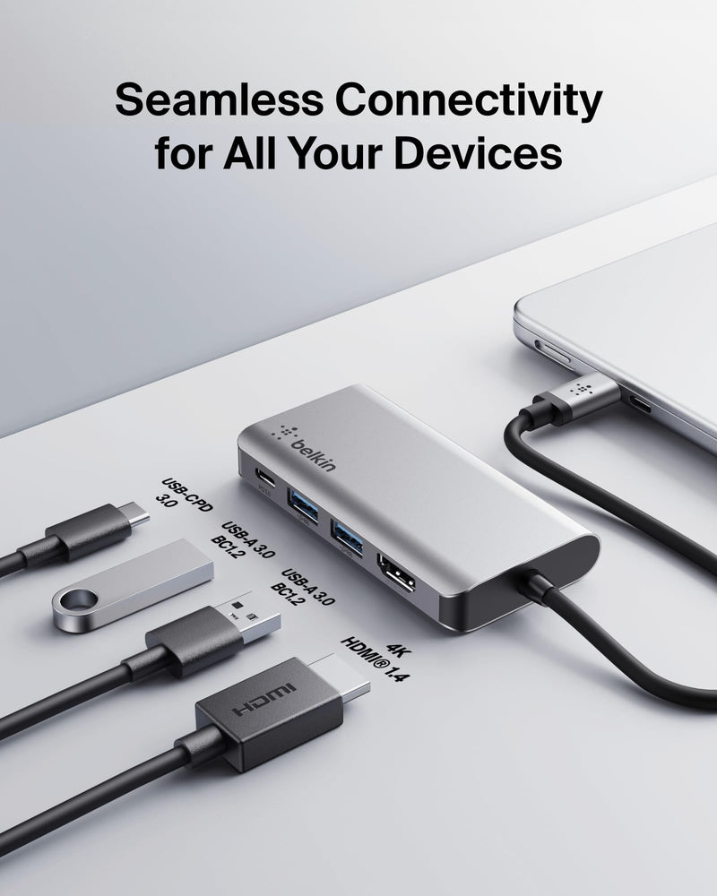 Belkin USB C Hub, 4-in-1 Multi-Port Laptop Dock with 4K HDMI, USB C Docking Station with 100 Watt Pass-Through Power Delivery, 2 X USB A Ports For MacBook Pro, Air, iPad Pro, Chromebook and More 4-in-1 USB-C Hub