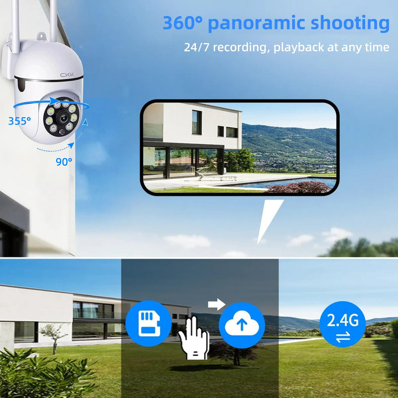CKK 1080P Home Security Camera Wired, 3 Pcs Outdoor WiFi Camera (2.4G/5G Dual-Band), 360° Pan/Tilt, Color Night Vision, Motion Alerts, 2-Way Audio, Compatible with Alexa, SD/Cloud Storage 3 Pack