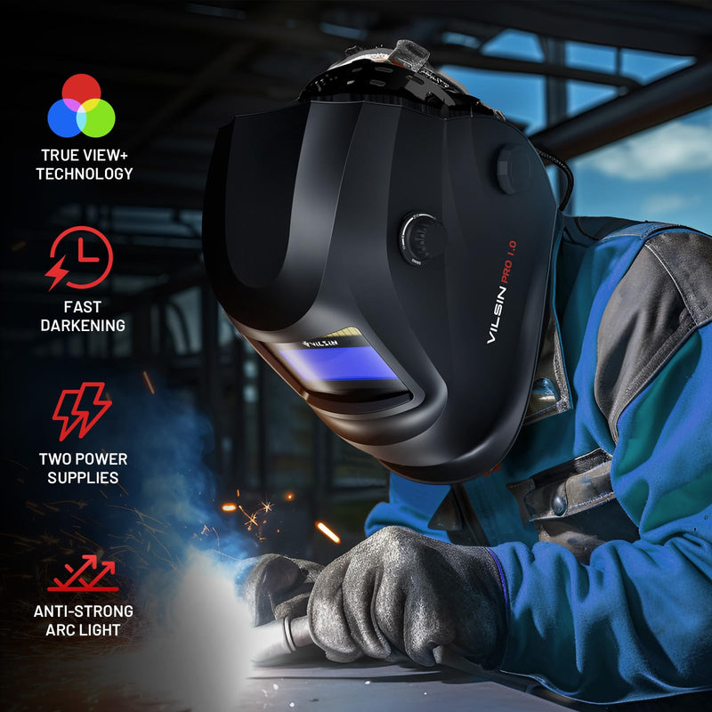 VILSIN Welding Helmet Auto Darkening Solar Powered Welding Hood with 2 Arc Sensor,Wide Shade 3/4-8/9-13 for TIG MIG ARC Weld Grinding Welder Helmet,Black Black