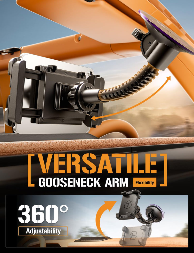 ToughTested Windshield Car Tablet Holder - Heavy-Duty Suction Cup GPS Mount for 5-13" Devices - 360° Rotation, Rugged Gooseneck, Vibration-Free Grip - Ideal for Trucks, SUVs, RVs, Vans & Cars