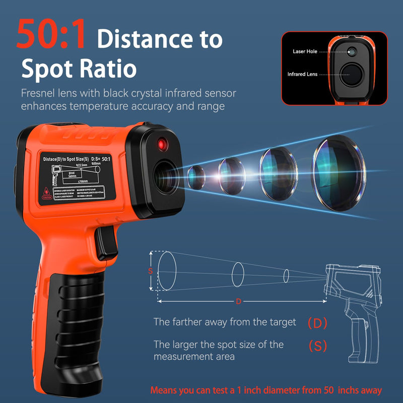 Infrared Thermometer Gun, -58°F to 2732°F, Dual-Mode 50:1 | 932°F K-Type Probe Included，Protective Tool Case Included，Industrial HVAC & Equipment Diagnostics Orange/-58°F to 2732°F and -4°F to 932°F