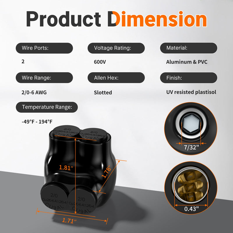 Joinfworld 2 Port Insulated Multi Tap Connector 2/0-6 Gauge Wire Connectors Aluminum to Copper Wire Connectors Single Side Entry Black Electrical Cable Connectors with Slotted Allen Hex - 6 Pack 2/0-6 AWG(6pcs)