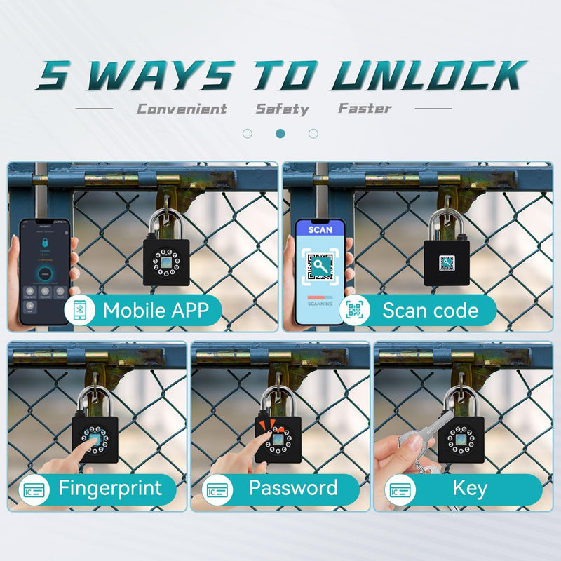 SFW Fingerprint Padlock with Key,Heavy Duty Combination Lock Locker,Water Resistance with Codes APP Access for Outdoor Fence Gate Pool Shed Gym Lock Storage