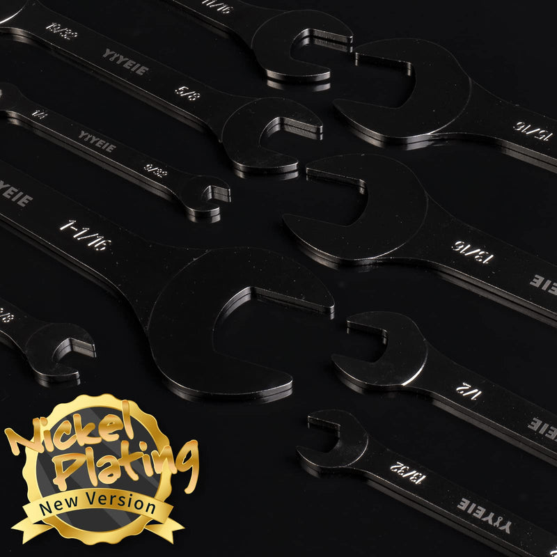 9Pc. Super Thin Wrench Set, SAE 1/4" to 1-1/16", Nickel Plating, CR-V Steel, Ultra-Slim Open End Wrench Set with Rolling Pouch SAE 9PCS Black Nickel Plating